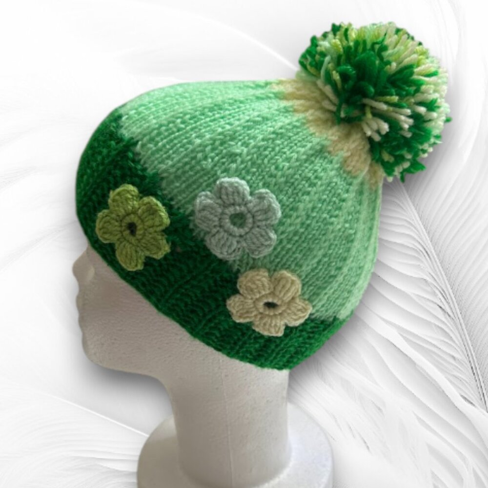 Handmade Winter Hat Made of Soft Wool with Pompoms and Flowers